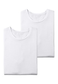 Two folded white cotton T-shirts, featuring a round neckline and short sleeves with a smooth texture, stacked neatly on top of each other.