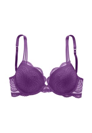 Purple lace underwire bra with molded cups, scalloped edges, triple adjustable shoulder straps, and a small decorative charm at the center front.