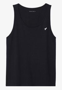 Black cotton tank top with a round neck and sleeveless design, featuring a small white hummingbird emblem on the left chest.