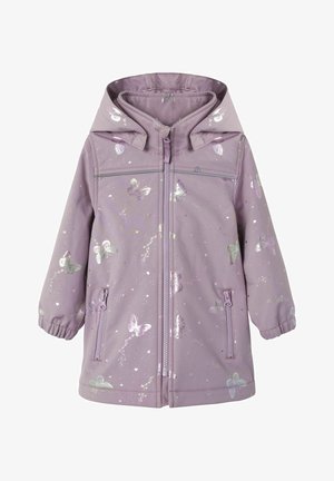 Purple jacket featuring a zip front, hood, and gathered sleeves. Decorated with silver butterfly patterns and sparkly accents on the fabric.