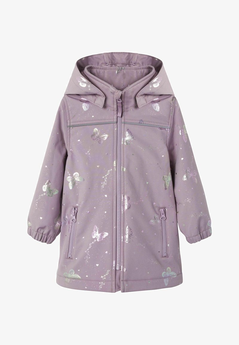 Chaqueta morada con cierre frontal, capucha y mangas fruncidas. Decorada con patrones de mariposas plateadas y acentos brillantes en la tela.