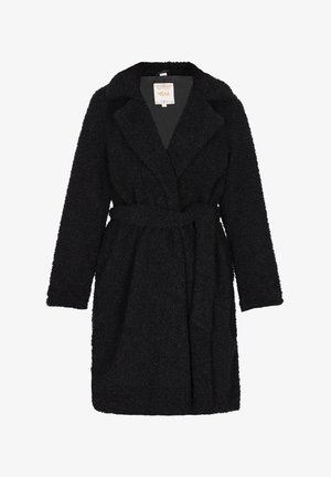 Must musta villane mantel, millel on kaelariba, vöökoht ja pikad varrukad, tekstureeritud pind ja põlvekõrgune disain.