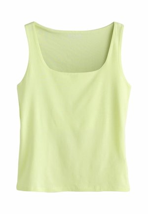 Hellgelbes ärmelloses Tanktop mit quadratischem Ausschnitt aus glattem Stoff, präsentiert vor weißem Hintergrund.