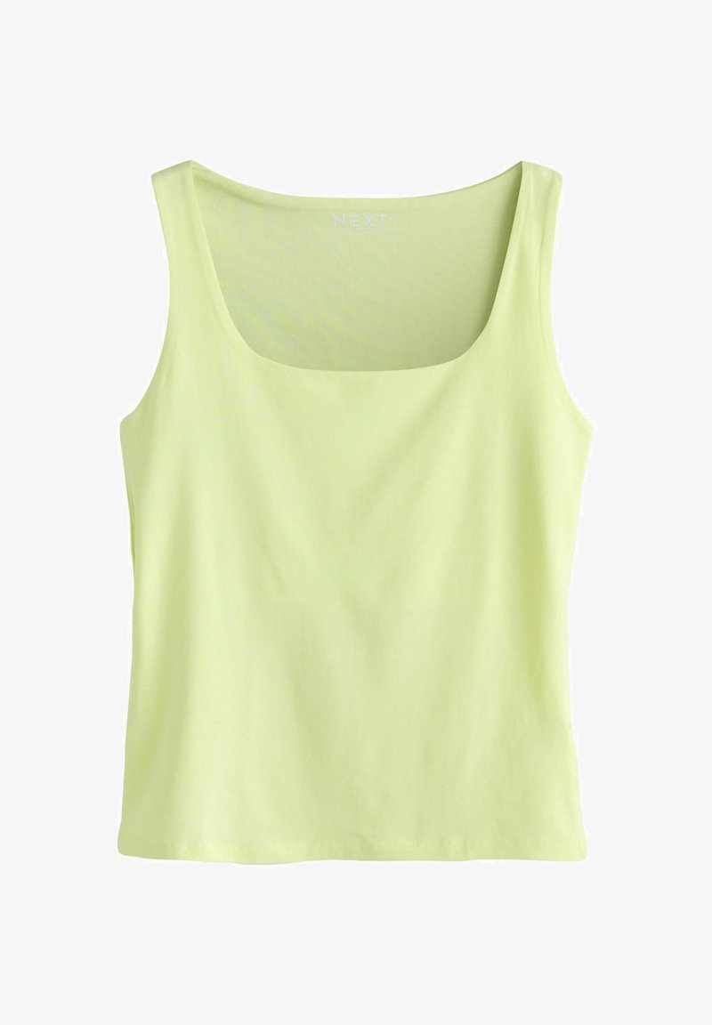 Débardeur sans manches jaune clair avec un col carré, fabriqué en tissu lisse, présenté sur un fond blanc.