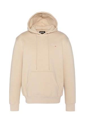 Beżowa bluza z kapturem, z troczkami, z przednią kieszenią typu kangaroo i ściągaczami na rękawach. Posiada małe logo na piersi. Miękka tekstura materiału.