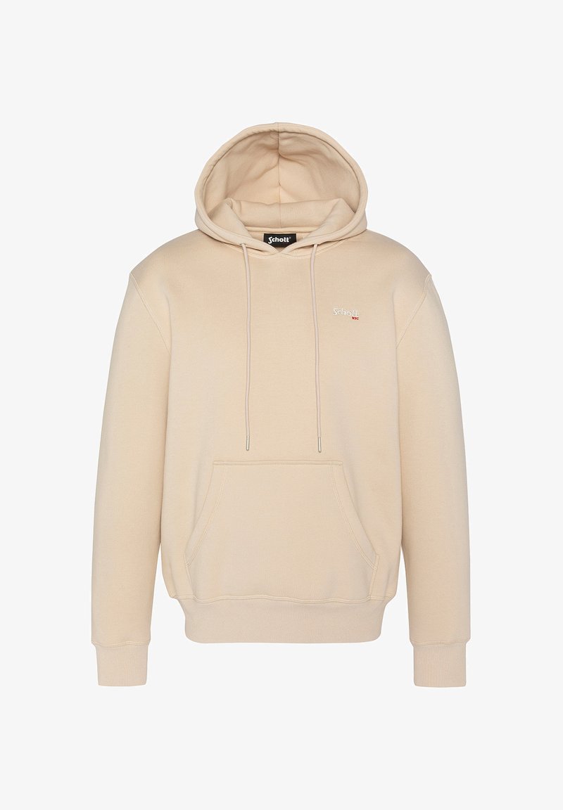 Sweatshirt à capuche beige avec cordons de serrage, poche kangourou à l'avant et poignets côtelés. Présente un petit logo sur la poitrine. Texture de tissu douce.