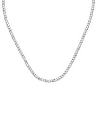 Collana di metallo argentato con anelli intrecciati, caratterizzata da una finitura liscia e lucida. Il design è piatto e simmetrico, garantendo un'aderenza uniforme.