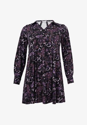 Robe à manches longues en tissu noir ornée d'un motif floral paisley coloré en violet et blanc, avec un col à bouton et une taille froncée.