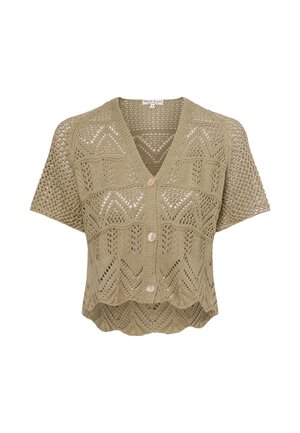Kurze, taillierte Strickjacke in Olivgrün, aus einem gestrickten Material mit einem geometrischen Spitzenmuster und drei Knopfverschlüssen.