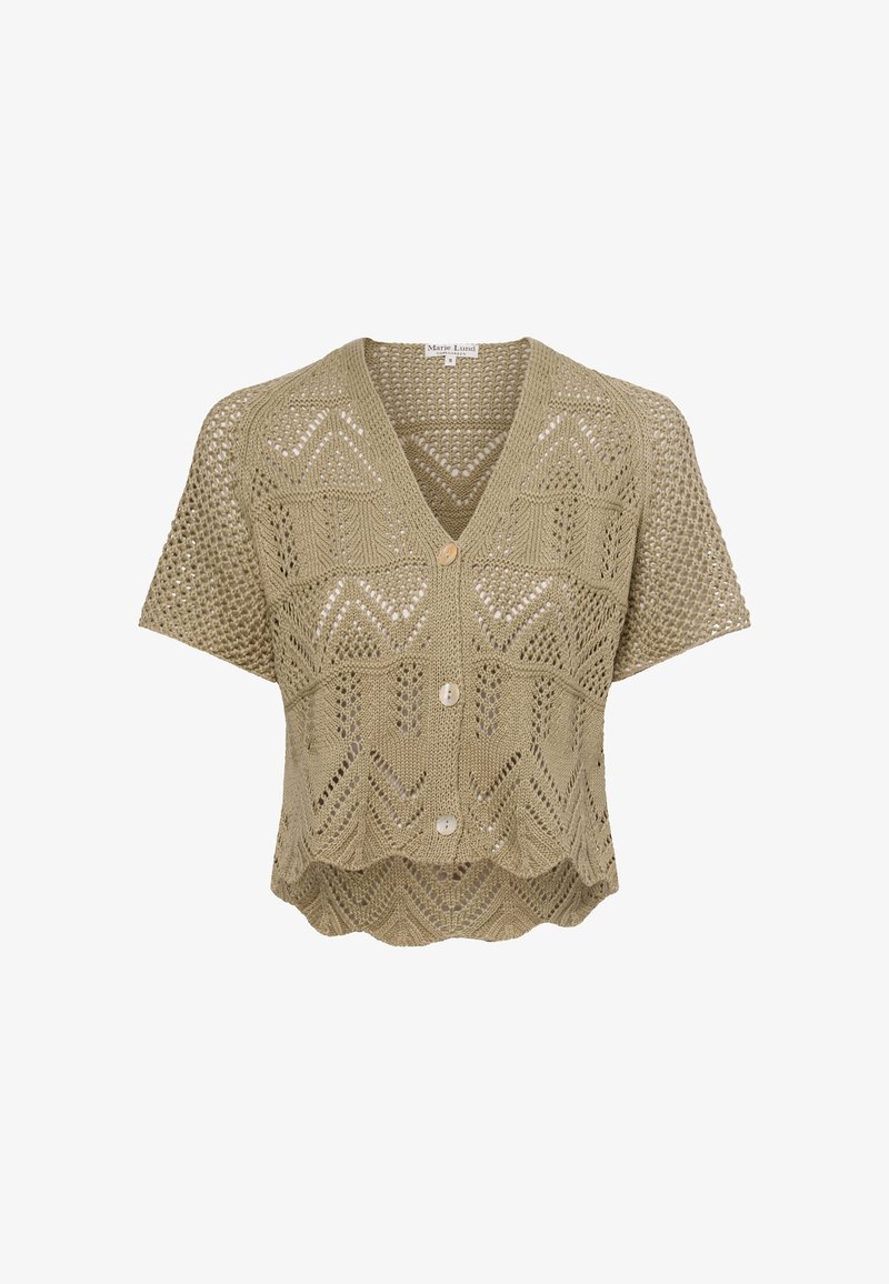 Kurze, taillierte Strickjacke in Olivgrün, aus einem gestrickten Material mit einem geometrischen Spitzenmuster und drei Knopfverschlüssen.