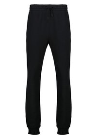 Svarta sweatpants gjorda av mjukt tyg, med ett elastiskt midjeband med dragsko, avsmalnande ben och ribbade manschetter.