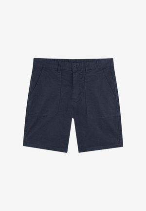 Marineblaue Baumwollshorts mit geradem Schnitt, zwei Fronttaschen, Knopfverschluss und gesteppten Details am Bund und an den Taschen.