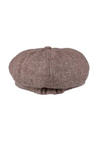 Bruine tweed muts met een ronde vorm, gestructureerde stof en een centrale bovenknop. De onderkant heeft een verzamelde elastische band voor een goede pasvorm.