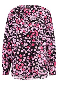 Blusa nera con un motivo floreale di fiori rosa, rossi e gialli. Realizzata in tessuto leggero con una vestibilità comoda e maniche lunghe.