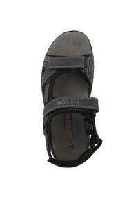 Black sandal with multiple adjustable straps, soft suede insole, and gray stitching details. Size marked as 42.