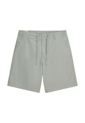 Lichtgrijze casual shorts met knoop, trekkoord in de taille, zijzakken, riemlussen en een klein zakje op de rechterdij.