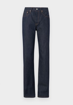 Temno moder jeans iz denima s ravno krojeno obliko, ki vključujejo oranžno šivanje, pet žepov in gumbasto zapiranje na pasu.