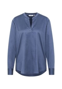 Marineblå langærmet bluse med V-hals, let afslappet pasform, glat tekstur og sideskårne søm for ekstra bevægelse.