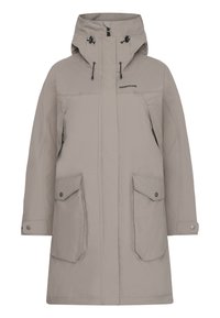 Harmaan vaalean beige parkatakki, jossa on huppu, valmistettu kestävästä kankaasta. Ominaisuuksiin kuuluu kaksi etutaskua ja säädettävät nauhat. Sujuva pinta.