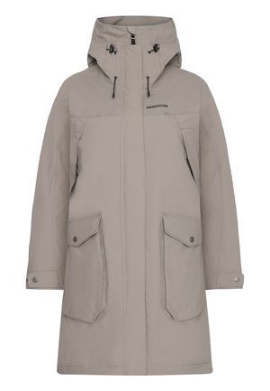 Lichtbeige parka-jack met een capuchon, gemaakt van duurzame stof. Beschikt over twee voorzakken en verstelbare trekkoorden. Soepele textuur.