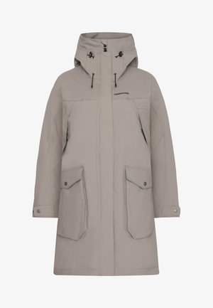 Lichtbeige parka-jack met een capuchon, gemaakt van duurzame stof. Beschikt over twee voorzakken en verstelbare trekkoorden. Soepele textuur.