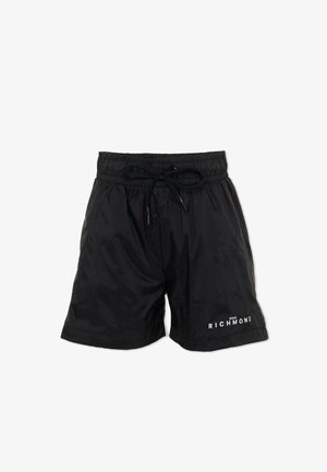 Shorts à taille élastique noire avec cordon de serrage, poches latérales et logo "John Richmond" en blanc sur l'ourlet de la jambe gauche.