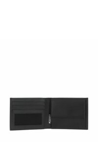 Black leather wallet with a bi-fold design, featuring multiple card slots, a transparent ID window, and smooth texture.