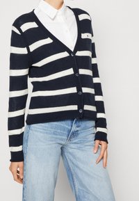 Cardigan a righe blu navy e bianche con scollo a V, chiusura con bottoni e polsini a coste. Indossato sopra una camicia bianca con colletto, abbinato a jeans chiari.