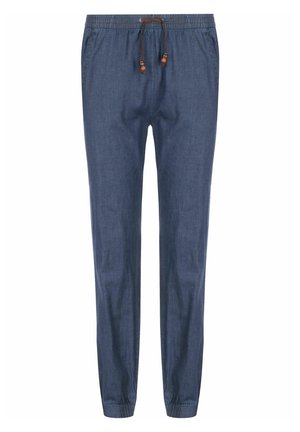 Blaue Jogginghosen aus Denim mit elastischem Bund und brauner Zugkordel, Seitentaschen und elastischen Bündchen an den Knöcheln.