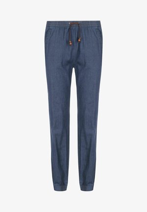 Pantalon jogger en denim bleu avec taille élastique et cordon de serrage marron, poches latérales et poignets élastiques aux chevilles.