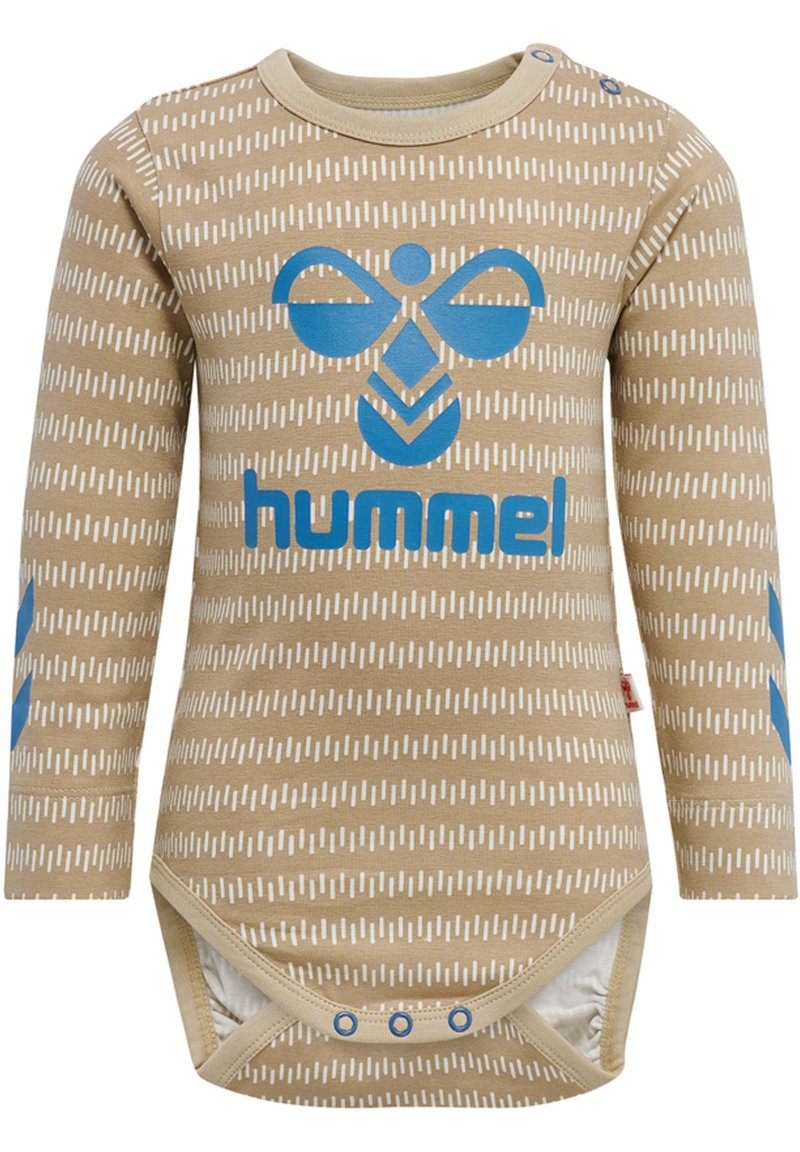 Beige langef Mouwen bodysuit met een blauwe grafische ontwerp en witte horizontale strepen, met drukknoopsluitingen bij de schouders en onderkant.