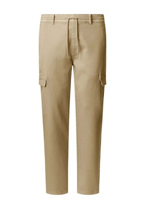 Pantaloni cargo beige con vita regolabile, dotati di tasche laterali e una vestibilità dritta. Realizzati in un resistente tessuto misto cotone.