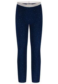 Marineblauwe legging met een zilveren spikkelpater en een glinsterende tailleband. Het materiaal lijkt rekbaar en glad, met een aansluitende pasvorm.