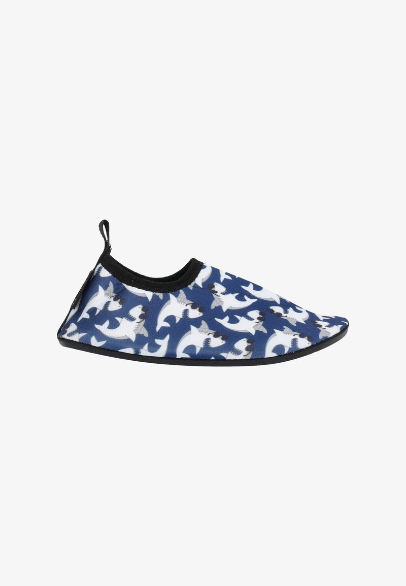 Haringpatroon slipper met een blauwe achtergrond, zwarte rand en gladde stof. Heeft een lichtgewicht ontwerp en een lus voor gemakkelijke verwijdering.