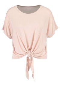 Ljust rosa kortärmad t-shirt i mjukt tyg, med rund halsringning och lösa ärmar, knuten fram med en knutdetalj.