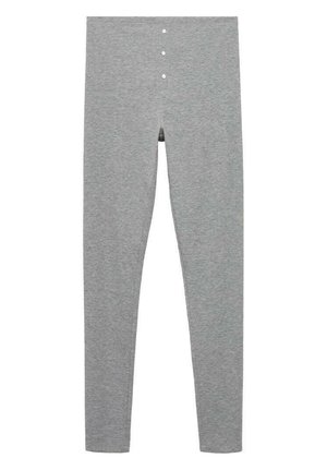 Graue Leggings aus weichem Stoff, mit einer schmalen Passform und Knopfakzenten am Bund sowie einer glatten, dehnbaren Textur.