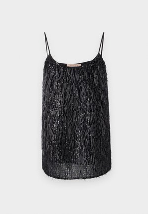 Haut sans manches noir avec une coupe ample, présentant un design à franges texturé et des sequins, ajoutant de la profondeur et de l'éclat au tissu.