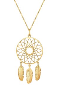 Zelta sapņu ķērājs, kas rotāts ar apļa tīkla dizainu, ar trim spalvu akcentiem. Kaklarota ir savienota un smalka.