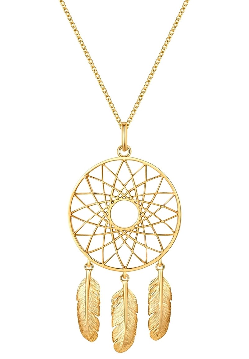 Zelta sapņu ķērājs, kas rotāts ar apļa tīkla dizainu, ar trim spalvu akcentiem. Kaklarota ir savienota un smalka.