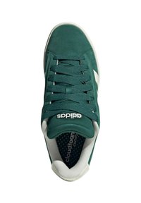 Sneaker verde in suede con accenti bianchi, punta rotonda, lacci piatti e soletta imbottita con texture in rete. Marchio visibile sulla linguetta.
