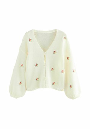 Cremefarbener Strickcardigan mit kleinen gestickten rosa und roten Blumenmustern, V-Ausschnitt, Perlenknöpfen und leicht gepufften langen Ärmeln.