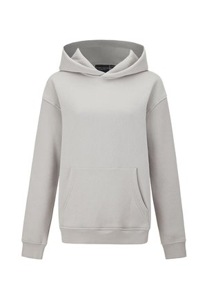 Lichtgrijze hoodie met een voorvak, capuchon met trekkoord en geribbelde manchetten. Zachte textuur en eenvoudig ontwerp, zonder zichtbare patronen of accenten.