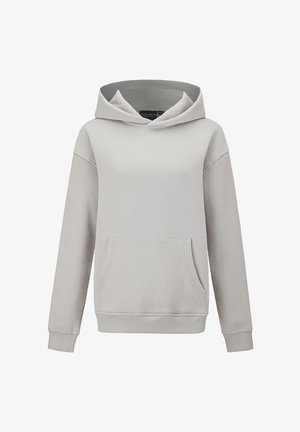 Lichtgrijze hoodie met een voorvak, capuchon met trekkoord en geribbelde manchetten. Zachte textuur en eenvoudig ontwerp, zonder zichtbare patronen of accenten.