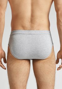 Szare bawełniane majtki widziane z tyłu, charakteryzujące się gładkim materiałem oraz dopasowanym krojem z elastycznym paskiem w talii i zaokrąglonymi nogawkami.