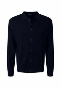 Marineblauer Cardigan aus weichem Material mit klassischem Kragen, Vorderknöpfen und langen Ärmeln mit geripptem Saum. Schlichtes, einfarbiges Design.