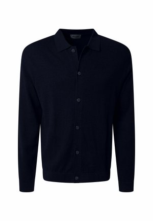 Marineblauer Cardigan aus weichem Material mit klassischem Kragen, Vorderknöpfen und langen Ärmeln mit geripptem Saum. Schlichtes, einfarbiges Design.