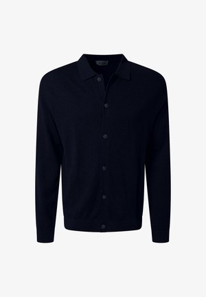 Marineblauwe cardigan van zacht materiaal, met een klassieke kraag, knopen aan de voorkant en lange mouwen met geribbelde zoom. Eenvoudig, effen ontwerp.