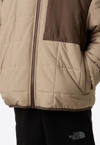 Podložena jakna v svetlo bež barvi z rjavimi poudarki. Ima zadrgo, prešito teksturo in stranske žepe. Material se zdi trpežen.