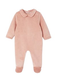 Weicher, rosa gerippter Baby-Body mit langen Ärmeln, Füßchen und einem runden Kragen, der hinten mit einem Druckknopf verschlossen wird.