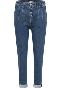 Dark blue denim trousers with a high waist, five-button closure, and rolled cuffs. Features vertical seams and two front pockets.